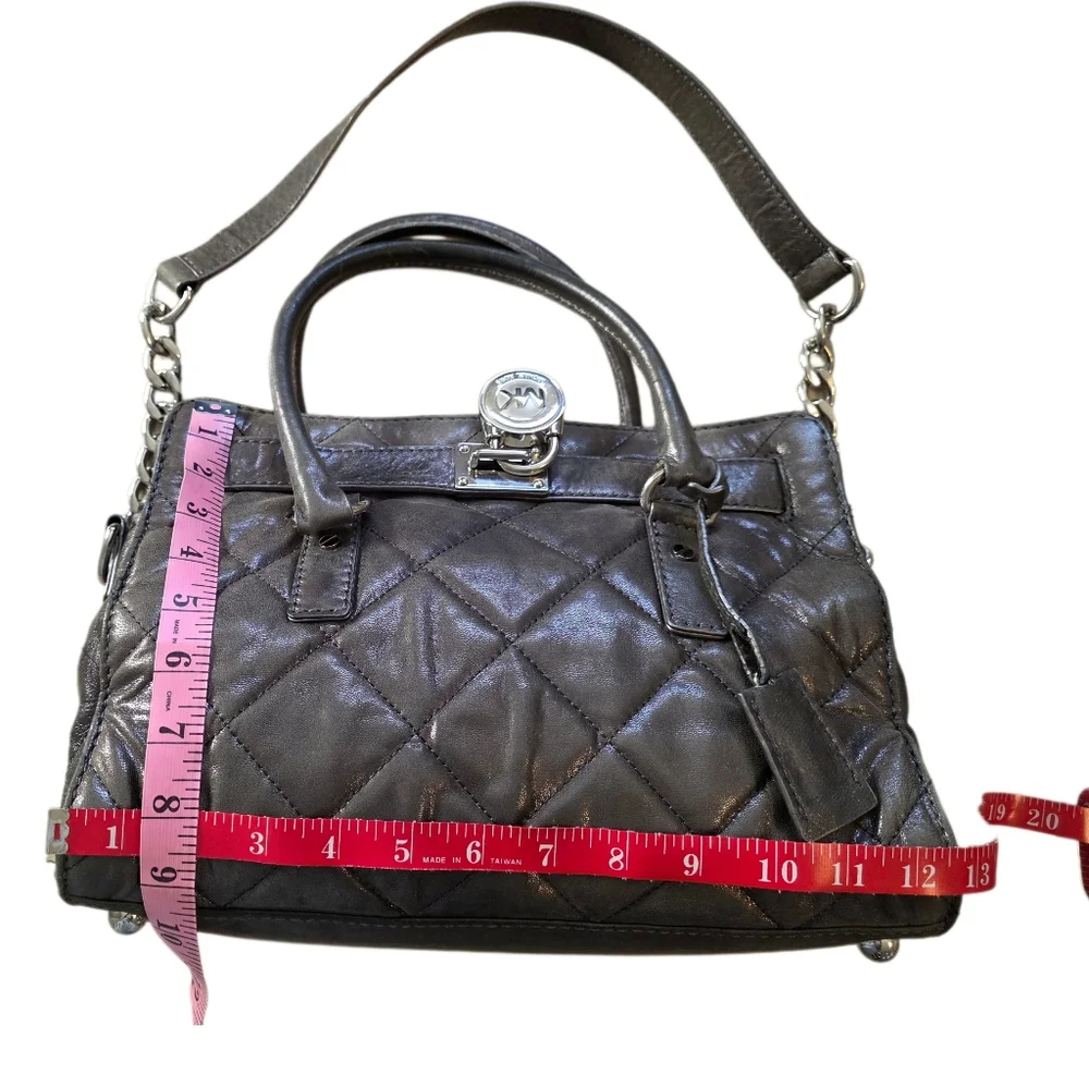 Michael Kors Hamilton Quilted Gun Metal Gray Leather Tote Shoulder Bag EUC